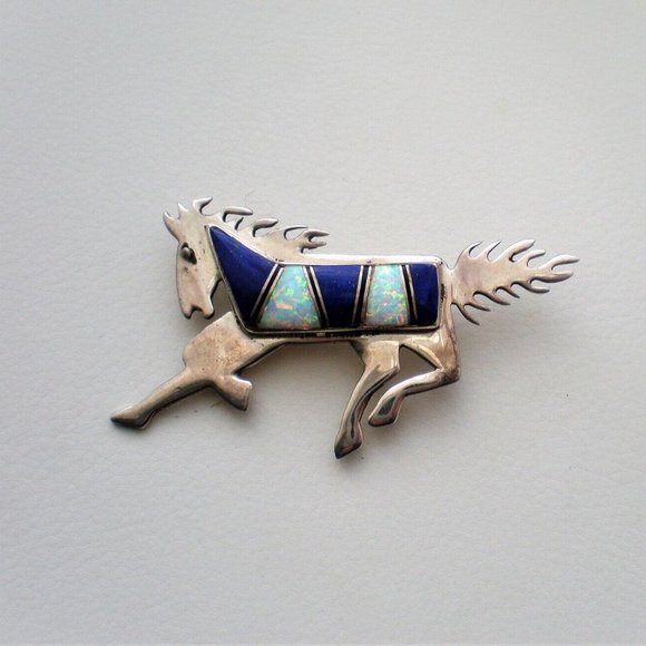 Navajo Grace Smith Sterling Lapis Lazuli Opal Inlay Running Horse Brooch Pin